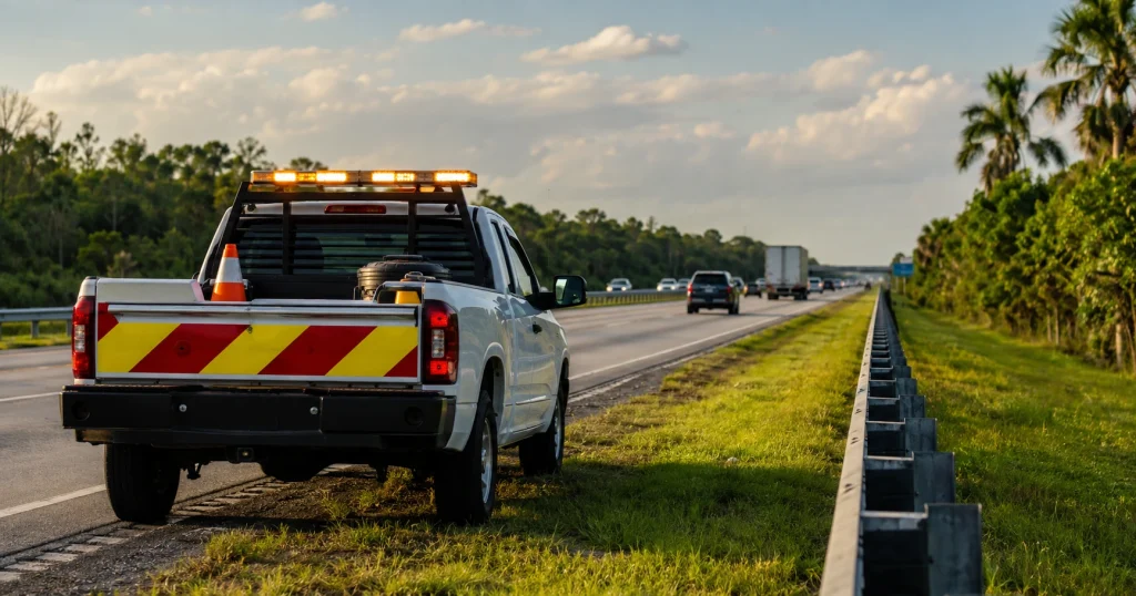 Unbranded roadside assistance vehicle with amber emergency lights beside I-75 in Florida, for illustrative purposes only.