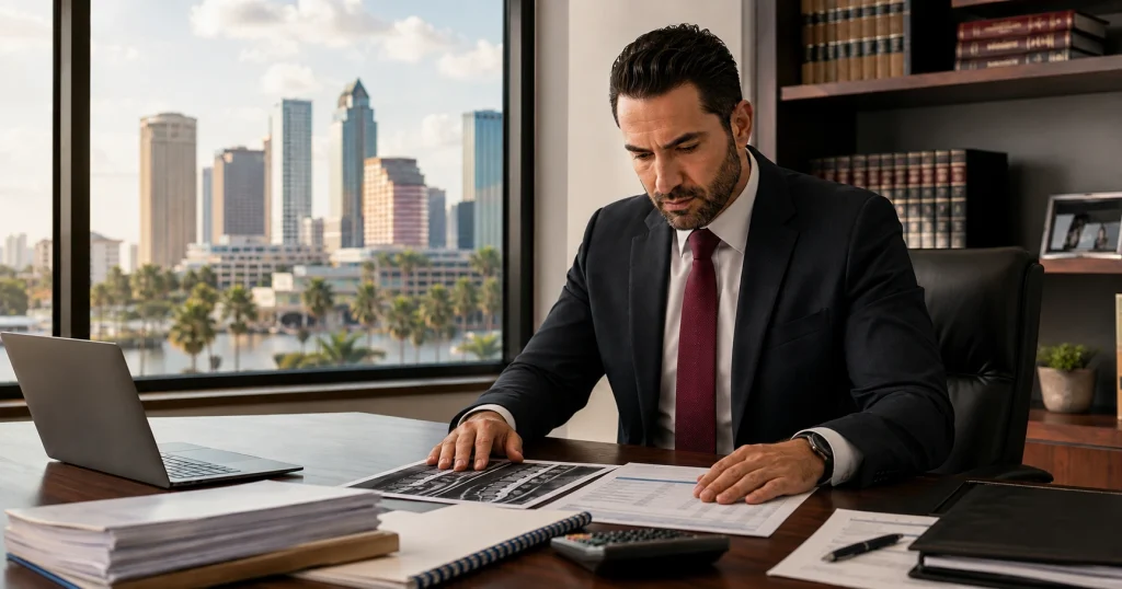 Attorney reviewing medical and financial records for an average spinal cord injury settlement in Tampa, Florida, for illustrative purposes only.