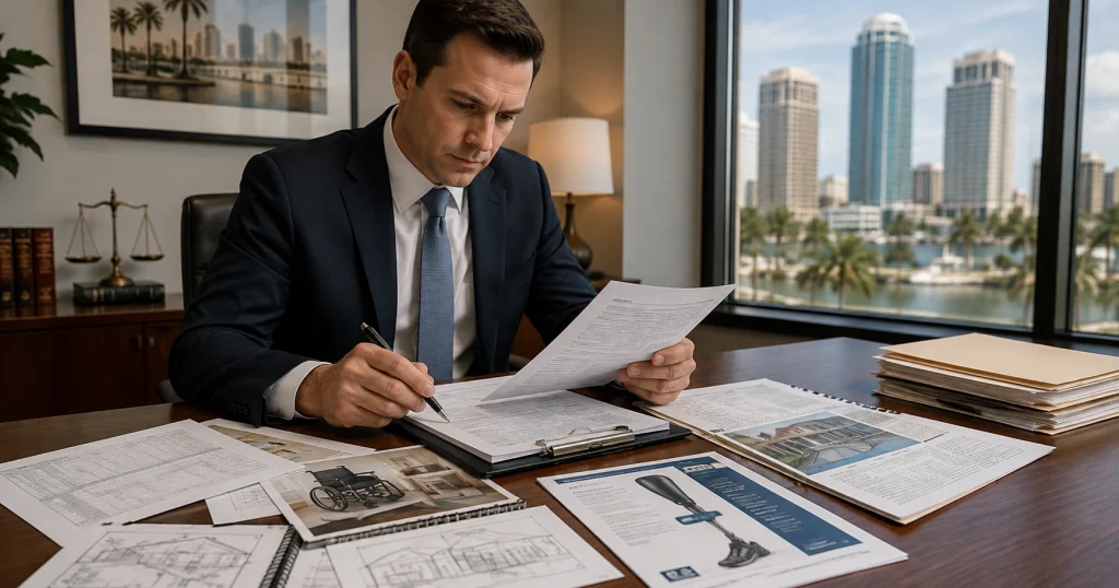 Tampa attorney reviewing future medical care, assistive equipment, home modification, and lost income records for a Florida catastrophic injury claim, for illustrative purposes only.