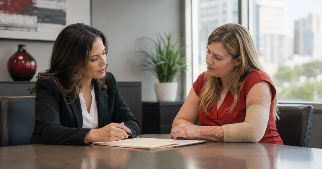 Tampa burn injury lawyer meeting with a survivor after a serious accident, for illustrative purposes only.