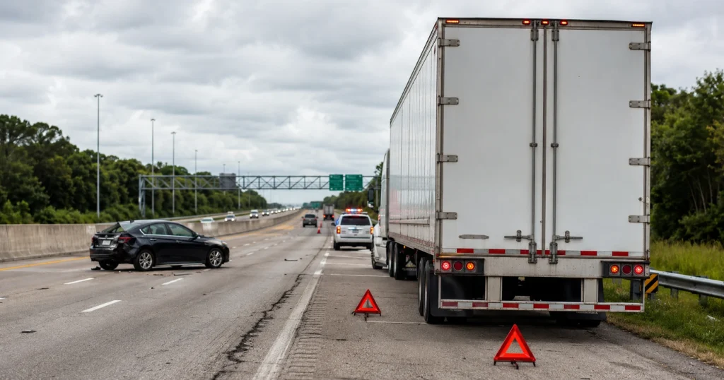 Disabled semi-truck and damaged passenger vehicle on I-4 near Lakeland, Florida, for illustrative purposes only.
