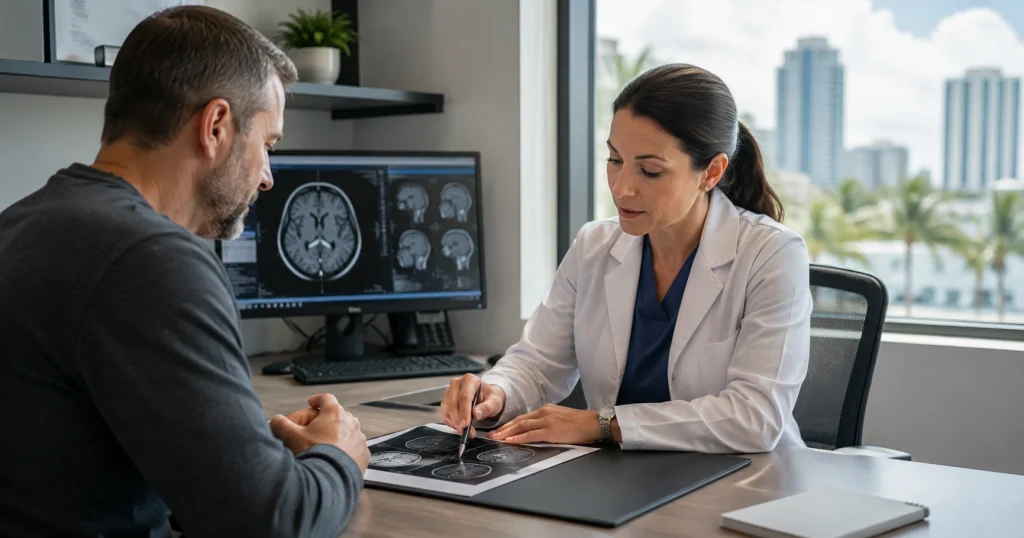 Tampa accident victim reviewing traumatic brain injury medical evidence and cognitive testing with a healthcare professional, for illustrative purposes only.