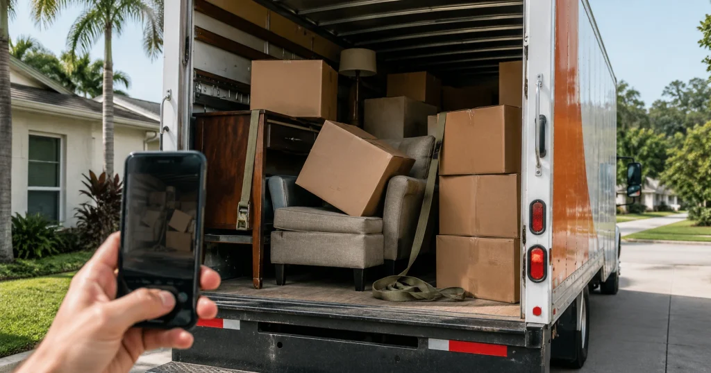 Person photographing shifted boxes and loose cargo restraints inside a rental moving truck in Tampa, for illustrative purposes only.