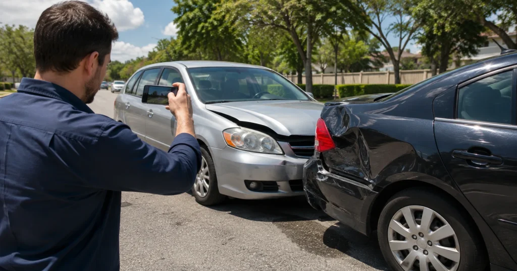 Driver documenting vehicle damage after a car accident in Riverview, FL, for illustrative purposes only.