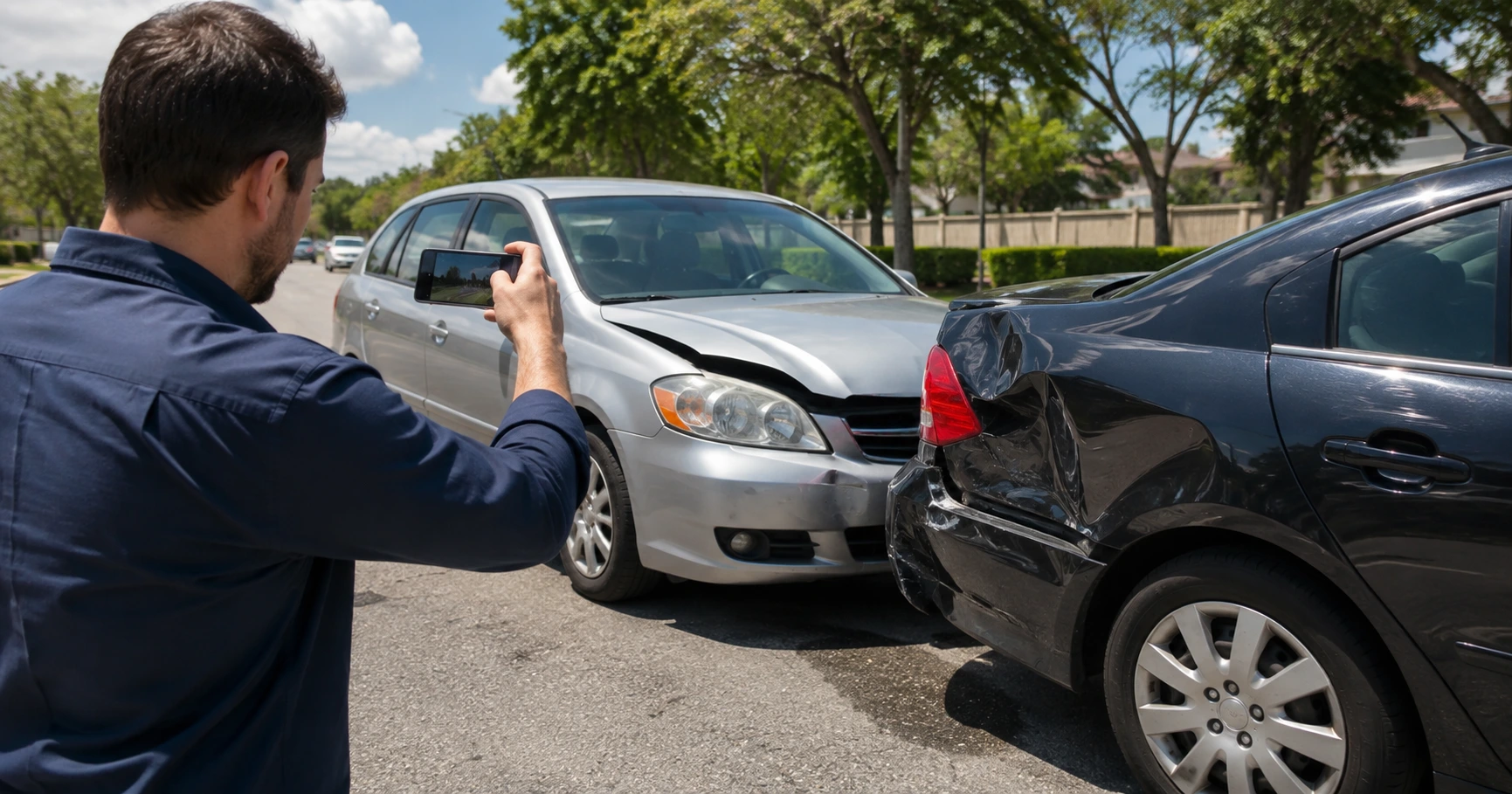 Driver documenting vehicle damage after a car accident in Riverview, FL, for illustrative purposes only.
