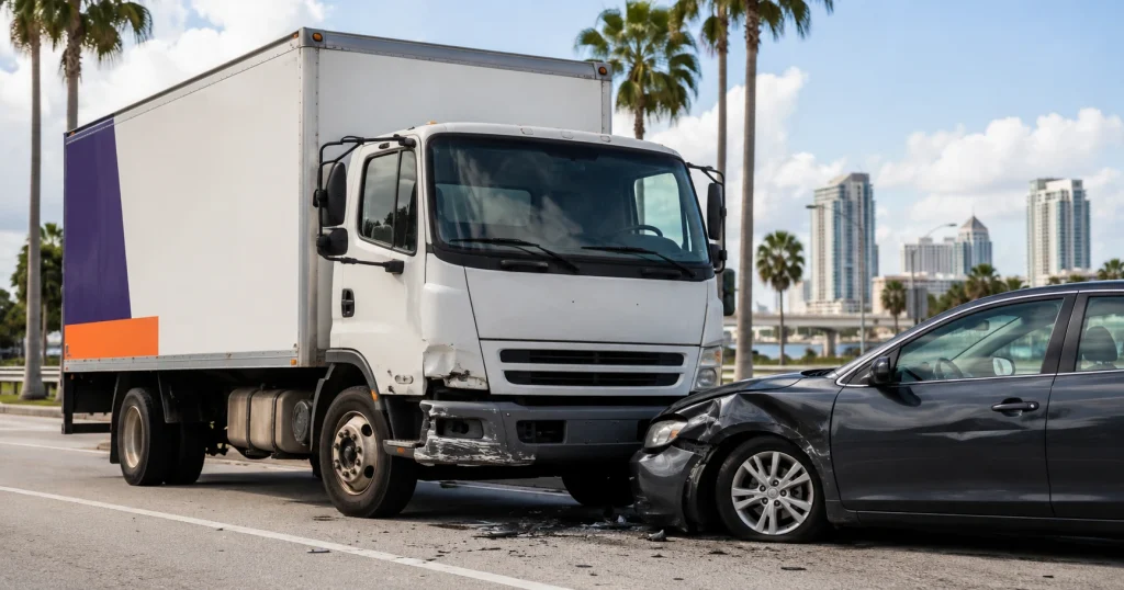 A delivery truck and damaged passenger car after a collision on a Tampa roadway, representing FedEx truck accident settlements in Florida, for illustrative purposes only.