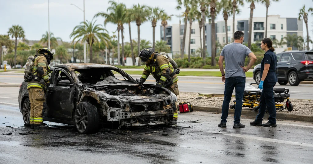 Firefighters inspecting a fire-damaged vehicle after a Tampa crash while a survivor speaks with a paramedic, for illustrative purposes only.