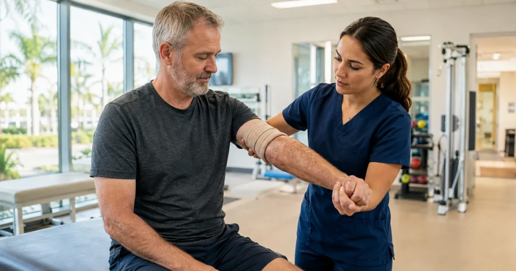 Burn injury survivor completing arm rehabilitation with a therapist at a Tampa clinic, for illustrative purposes only.