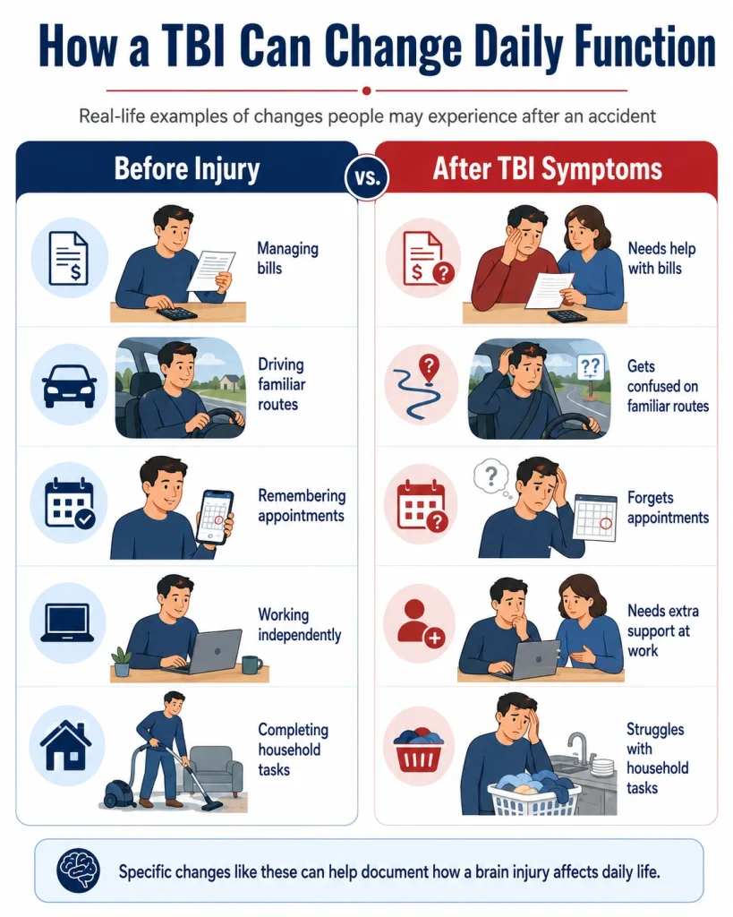 Before-and-after infographic showing how a traumatic brain injury can affect managing bills, driving familiar routes, remembering appointments, working independently, and completing household tasks, for illustrative purposes only.