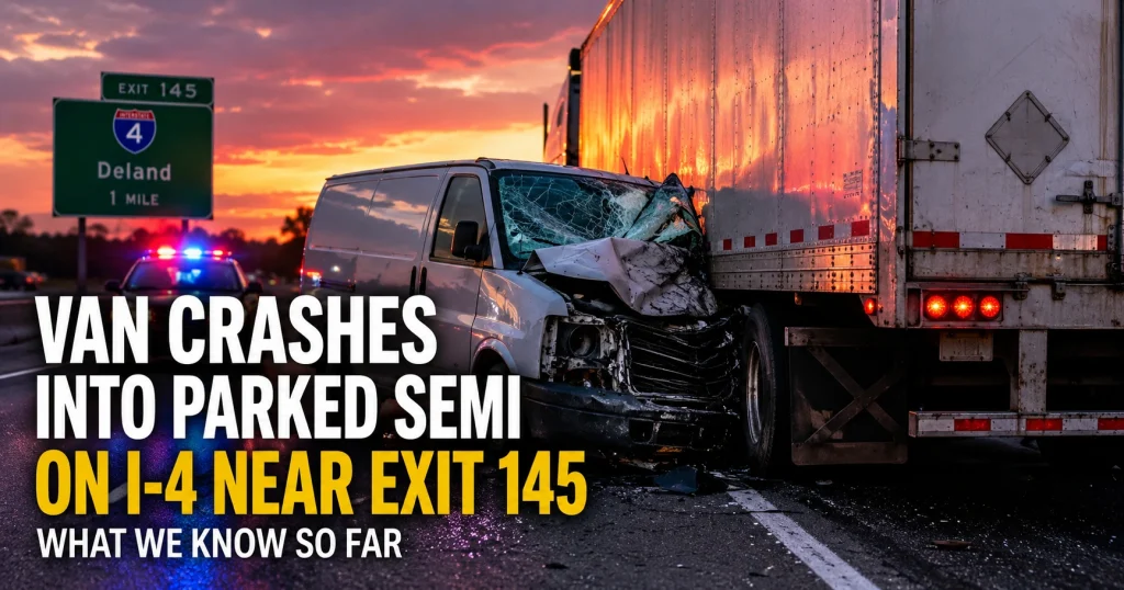White van near a semi-truck stopped on a Florida interstate shoulder after a collision, for illustrative purposes only.