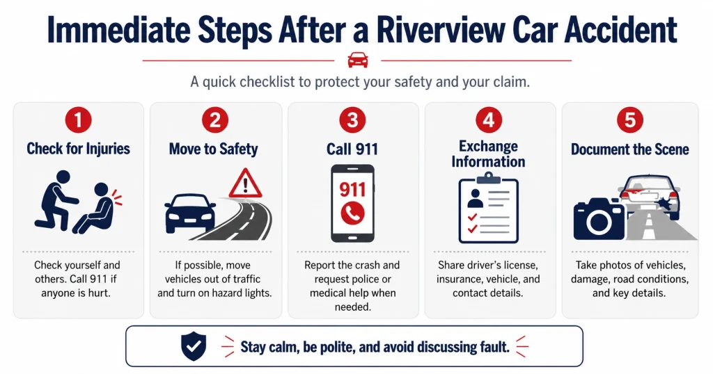 Five immediate steps to take after a car accident in Riverview, FL, including checking for injuries, calling for help, exchanging information, and documenting the scene, for illustrative purposes only.