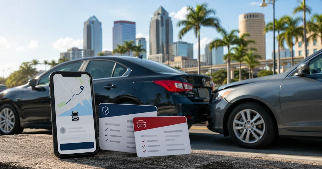 Vehículos de rideshare, una aplicación de viaje y documentos de seguro después de un choque en Tampa, solo con fines ilustrativos.