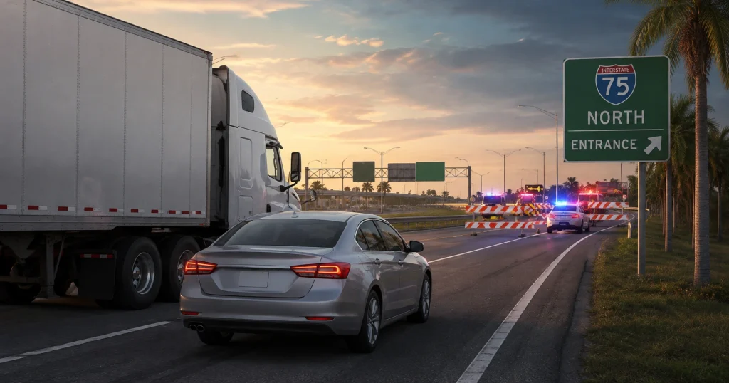 Illustration of a passenger car and semi-truck near the I-75 entrance ramp in Punta Gorda after a fatal collision, for illustrative purposes only.