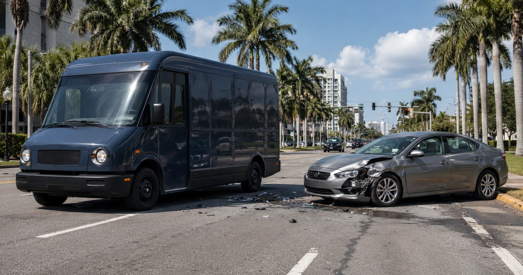 Amazon truck accident compensation claim involving a delivery vehicle and damaged car in Tampa, Florida, for illustrative purposes only.
