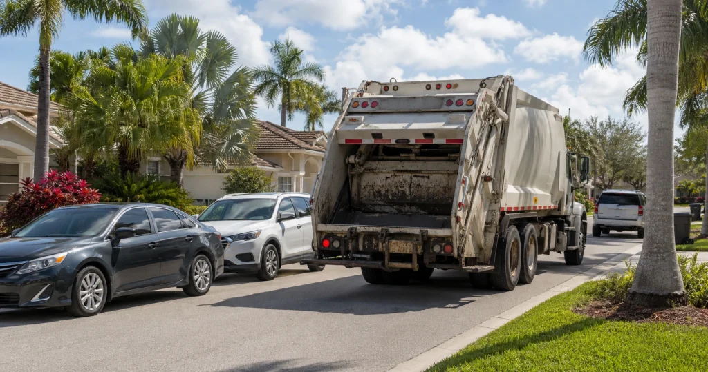 Commercial garbage truck on a Tampa residential street near passenger vehicles, for illustrative purposes only