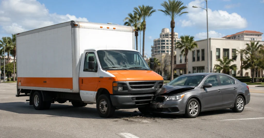 Generic rental moving truck and damaged passenger car for a Tampa U-Haul and rental truck accident lawyer guide, for illustrative purposes only.