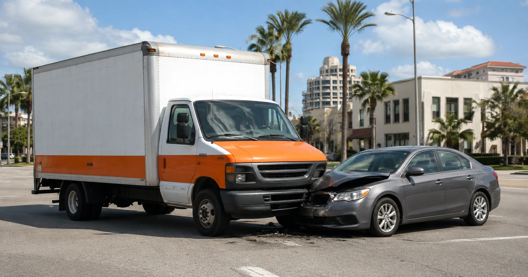 Generic rental moving truck and damaged passenger car for a Tampa U-Haul and rental truck accident lawyer guide, for illustrative purposes only.