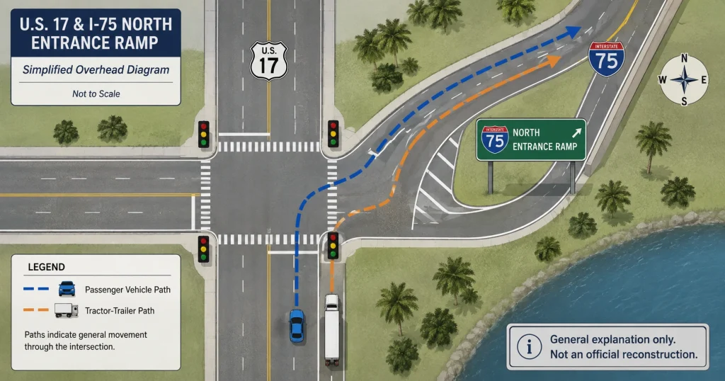 General diagram of U.S. 17, the I-75 entrance ramp, traffic signals, and vehicle paths in Punta Gorda, for illustrative purposes only.