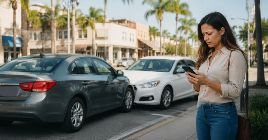 Uber passenger reviewing rideshare trip information after a car accident in Tampa, Florida, for illustrative purposes only.