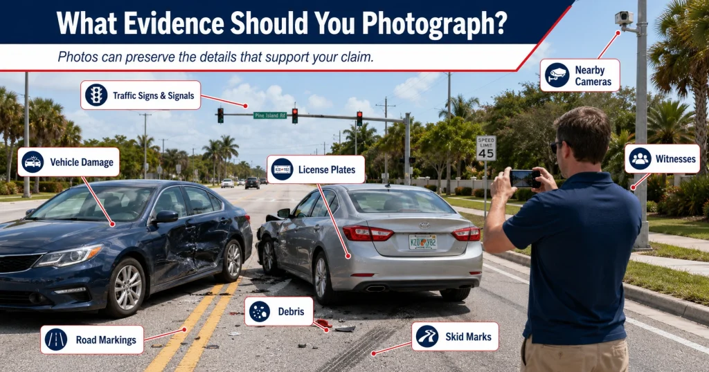 Car accident scene showing important evidence to photograph, including vehicle damage, plates, road markings, debris, cameras, and witnesses, for illustrative purposes only.