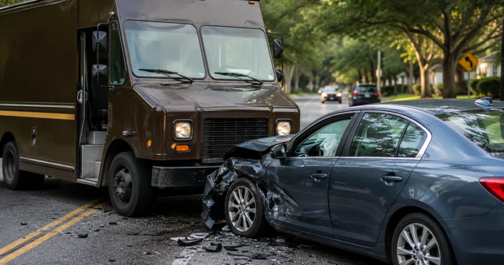 Brown delivery truck and damaged passenger car after a collision in Tampa, Florida, representing what happens if a UPS truck hits your car, for illustrative purposes only.