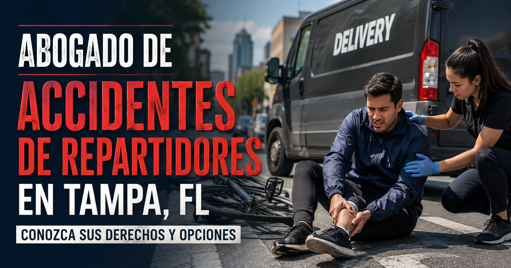 Repartidor lesionado junto a una camioneta de reparto después de un accidente de tránsito en Tampa, Florida, para fines ilustrativos únicamente.