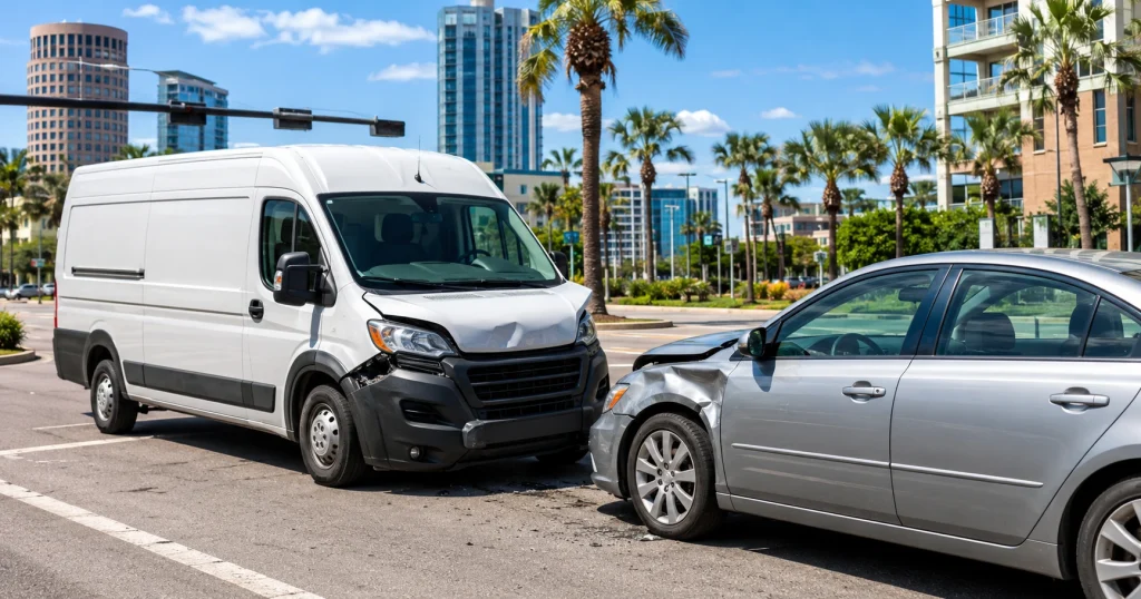Amazon delivery van and passenger vehicle after a crash in Tampa, Florida, for illustrative purposes only.