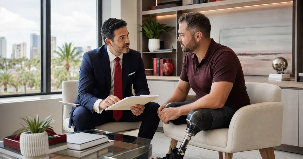 Tampa amputation injury lawyer meeting with a person recovering from a catastrophic limb injury, for illustrative purposes only.