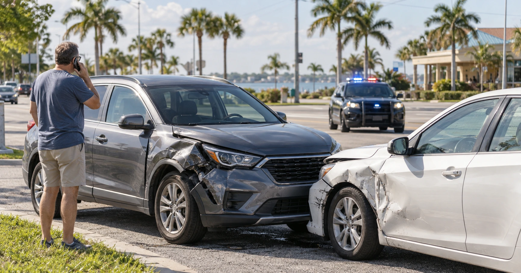 Two damaged cars at an Apollo Beach roadside accident scene as a driver calls for help and police arrive.