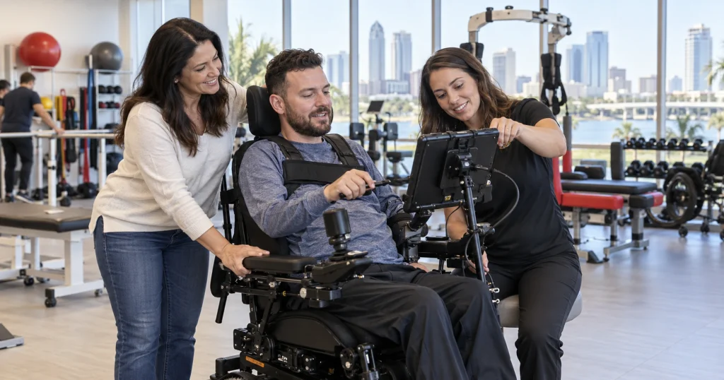 Spinal cord injury survivor and family discussing accessible home modifications with an occupational therapist.