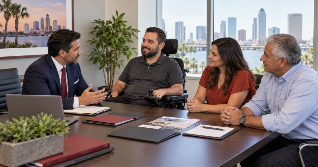 Tampa quadriplegia lawyer meeting with a spinal cord injury survivor and family to discuss lifetime care needs, for illustrative purposes only.