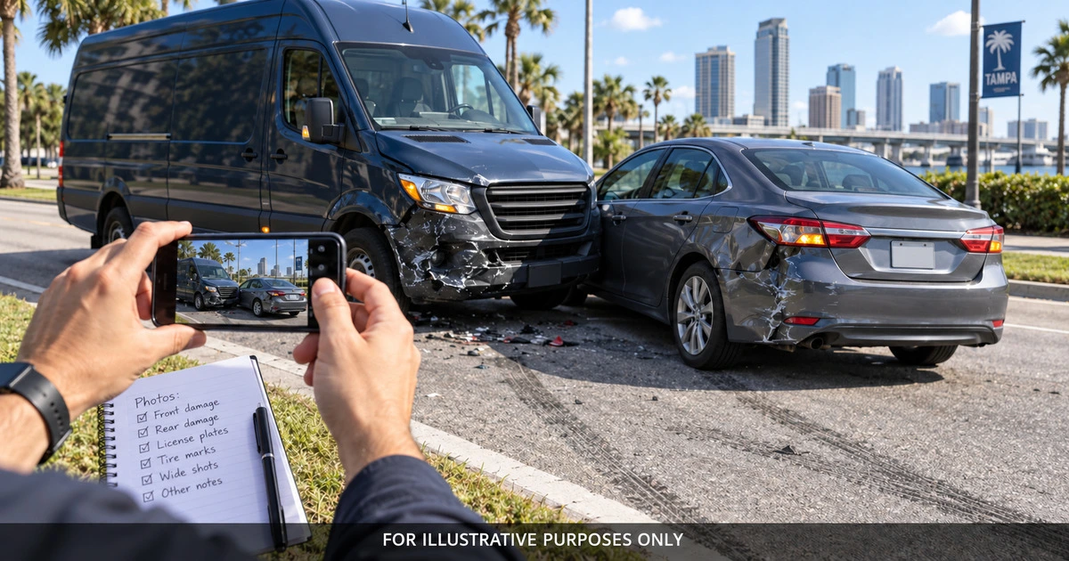 Amazon delivery van and passenger vehicle after a Tampa crash while evidence is documented, for illustrative purposes only.