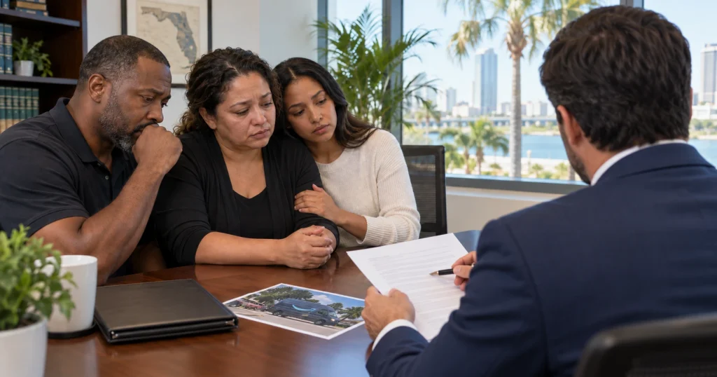 Grieving Florida family speaking with an attorney after a fatal Amazon delivery vehicle accident, for illustrative purposes only.