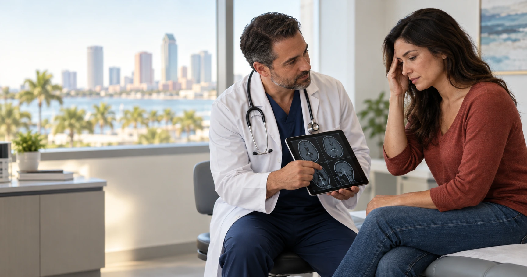 Doctor discussing medical scans with a patient experiencing possible brain injury symptoms in Tampa, Florida, for illustrative purposes only.