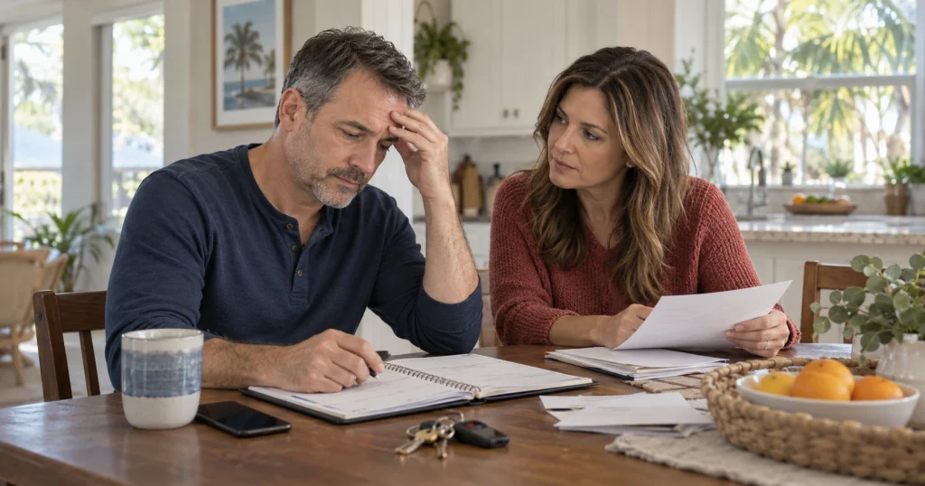 Man experiencing possible brain injury symptoms while a family member helps him organize daily responsibilities, for illustrative purposes only.