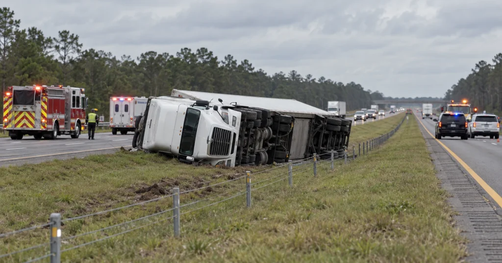 Overturned semi-truck and emergency response vehicles on I-75 in Marion County, Florida, for illustrative purposes only.