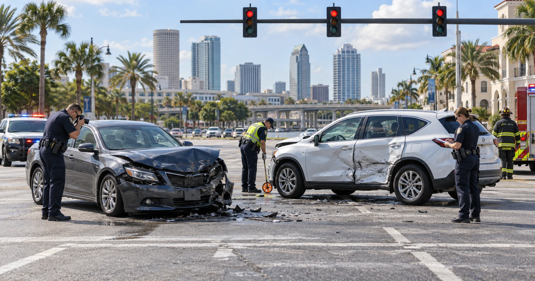 Two damaged passenger vehicles at a signalized Tampa intersection as emergency responders document the crash scene, for illustrative purposes only.