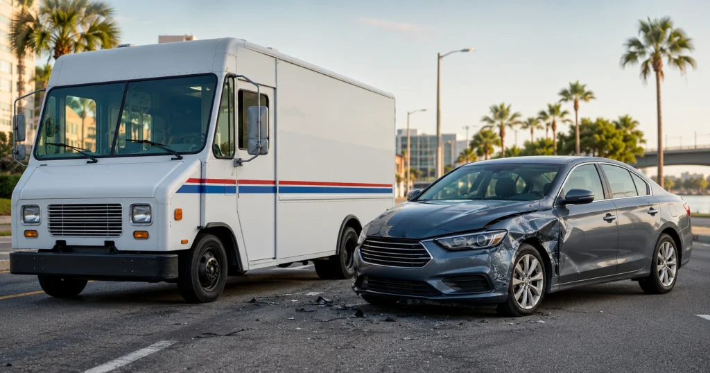 USPS-style mail truck and damaged passenger car after a Tampa collision, for illustrative purposes only.