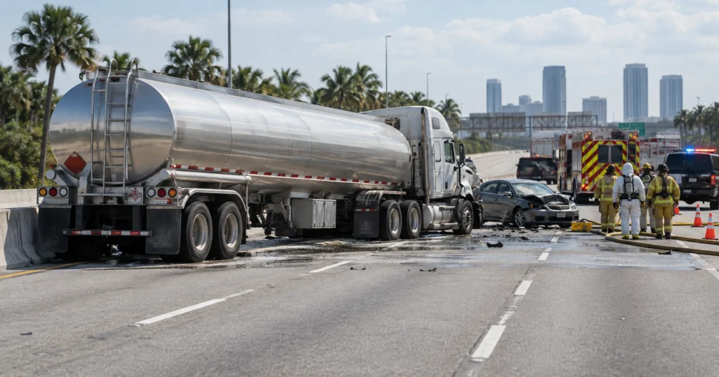Tanker truck and damaged car at a Tampa highway accident scene with firefighters and hazmat responders.