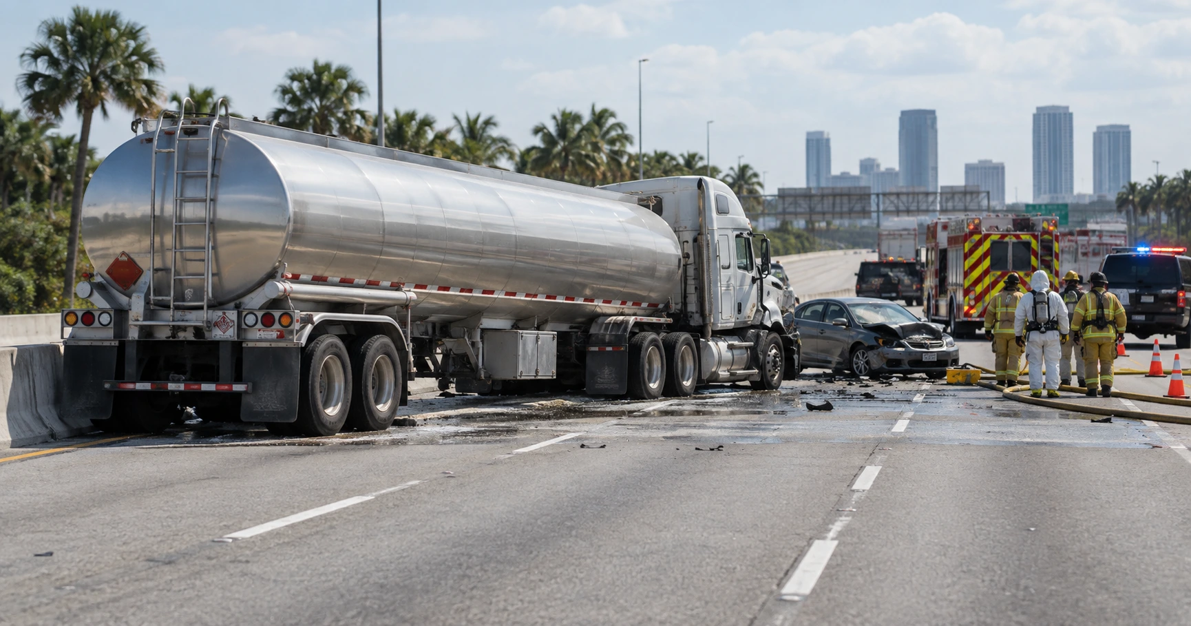 Tanker truck and damaged car at a Tampa highway accident scene with firefighters and hazmat responders.