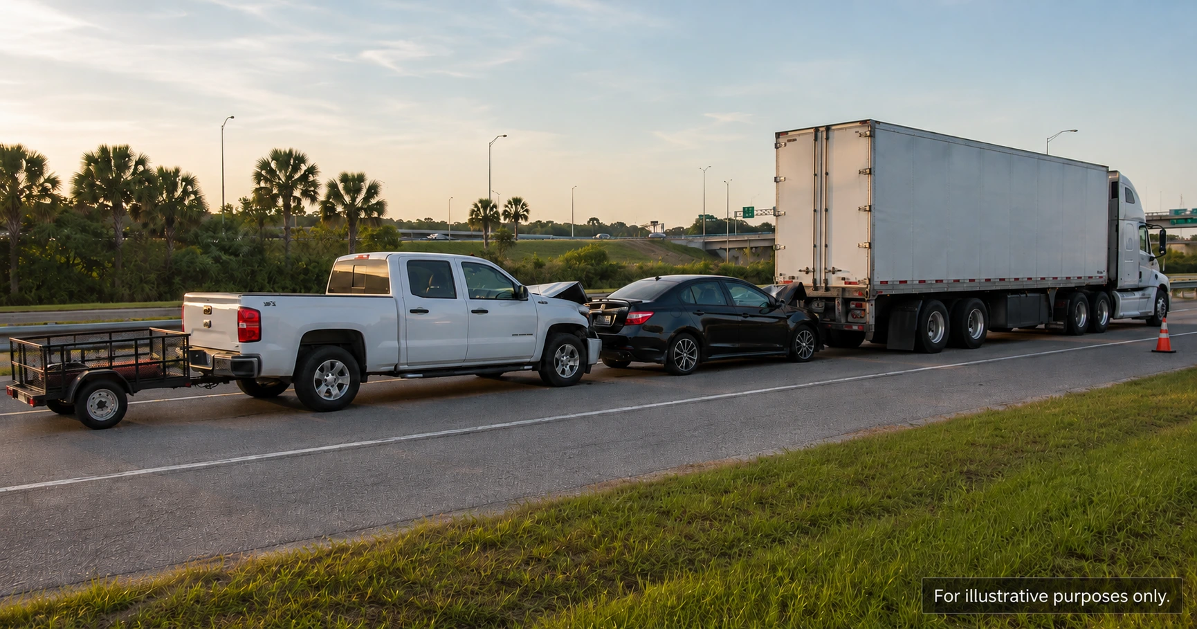 Three-vehicle collision involving a pickup, passenger car, and semi-truck on a Florida highway, for illustrative purposes only.