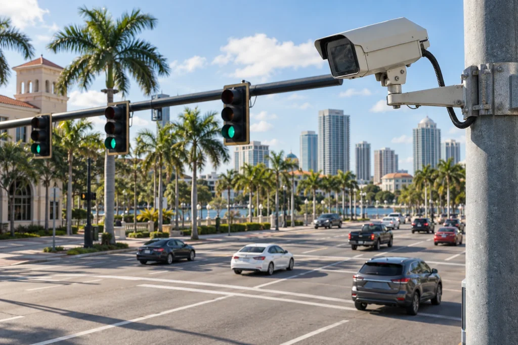Traffic camera overlooking a signalized Tampa intersection.