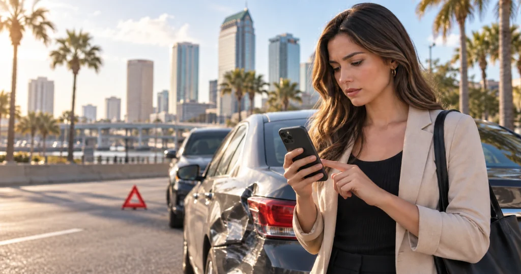 Passenger reviewing an Uber guest ride accident claim in Tampa after someone else booked the trip, for illustrative purposes only.