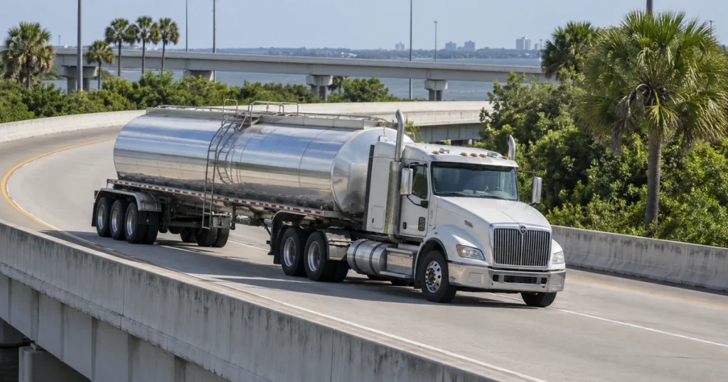 Tanker truck on a curved Tampa highway