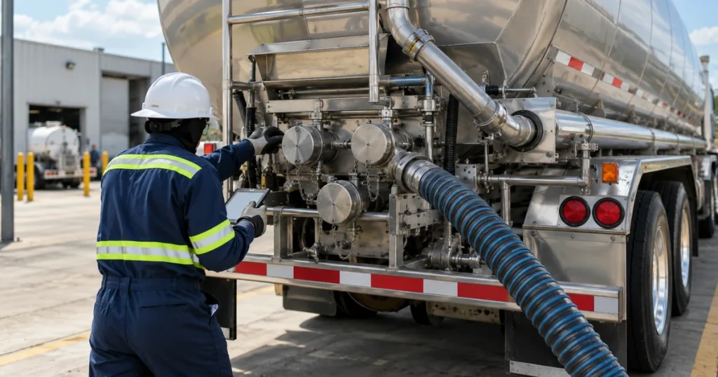 Technician inspecting tanker valves and hoses